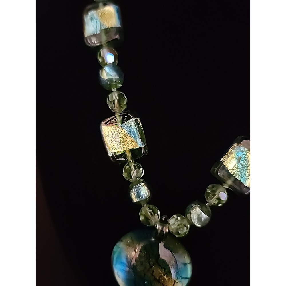Vintage Handcrafted Art Glass Beaded Necklace Green, Blue, Metallic Foil 21" - Picture 8 of 16